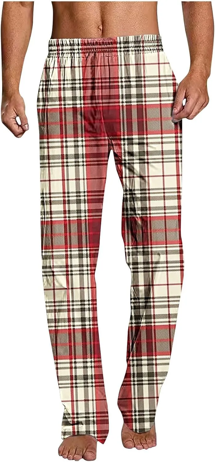 Men's Pajamas Pants Fashion Plaid Print Elastic Waist Loose Comfy Home Casual Sleepwear Sweatpant Trouser