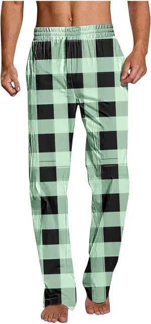 Men's Pajamas Pants Fashion Plaid Print Elastic Waist Loose Comfy Home Casual Sleepwear Sweatpant Trouser