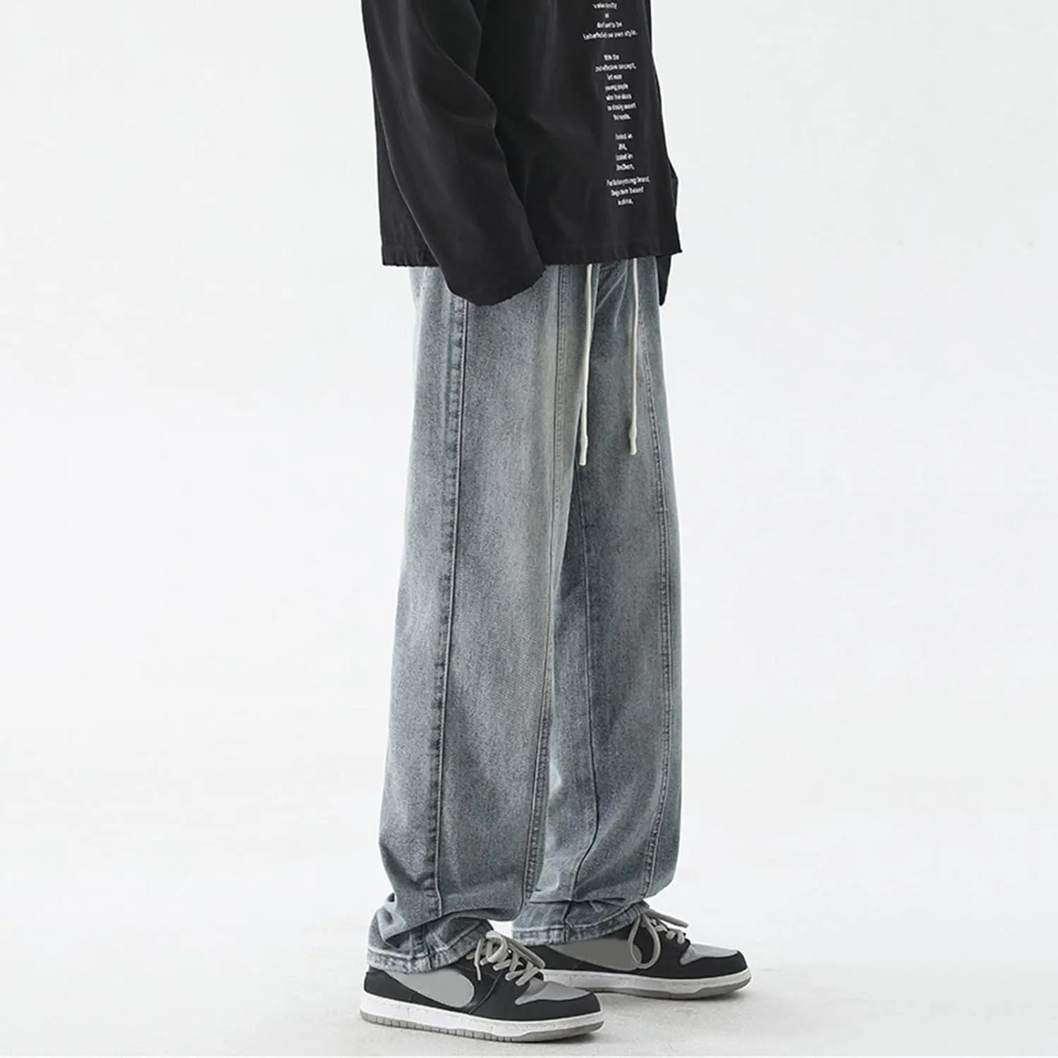 Mens Vintage Straight Denim Jeans Drawstrings Loose Fit Washed Cotton Denim Pants Casual Lightweight Outdoor Trousers