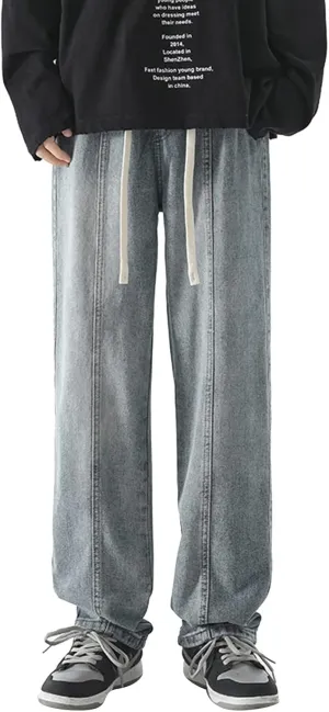 Mens Vintage Straight Denim Jeans Drawstrings Loose Fit Washed Cotton Denim Pants Casual Lightweight Outdoor Trousers