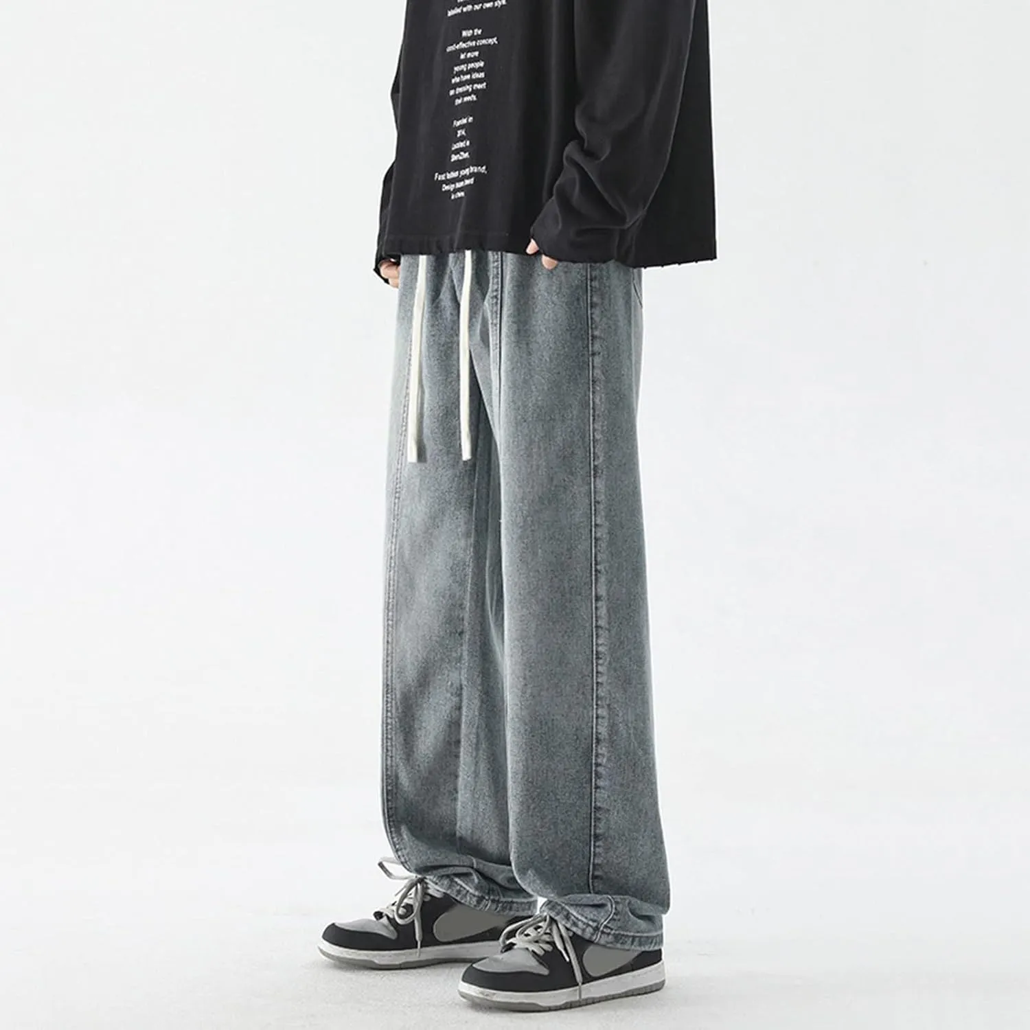 Mens Vintage Straight Denim Jeans Drawstrings Loose Fit Washed Cotton Denim Pants Casual Lightweight Outdoor Trousers