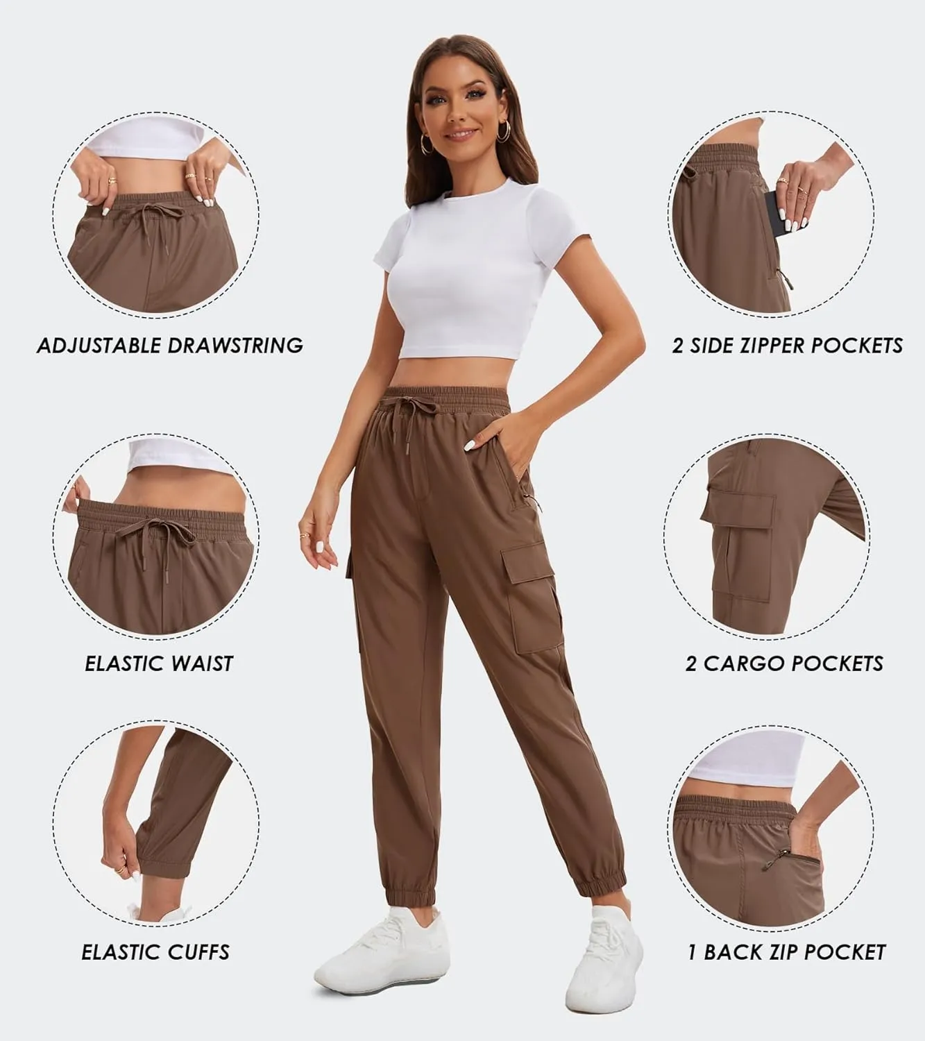 MOURCE Womens Hiking Pants Lightweight Quick Dry Adjustable Cargo Joggers with Zippered Pockets