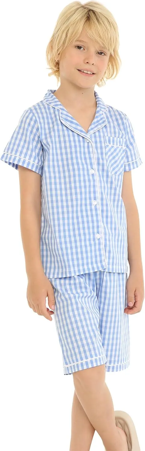 Mud Kingdom Girls Boys Summer Pajama Set Plaid Cute Peter Pan Collar