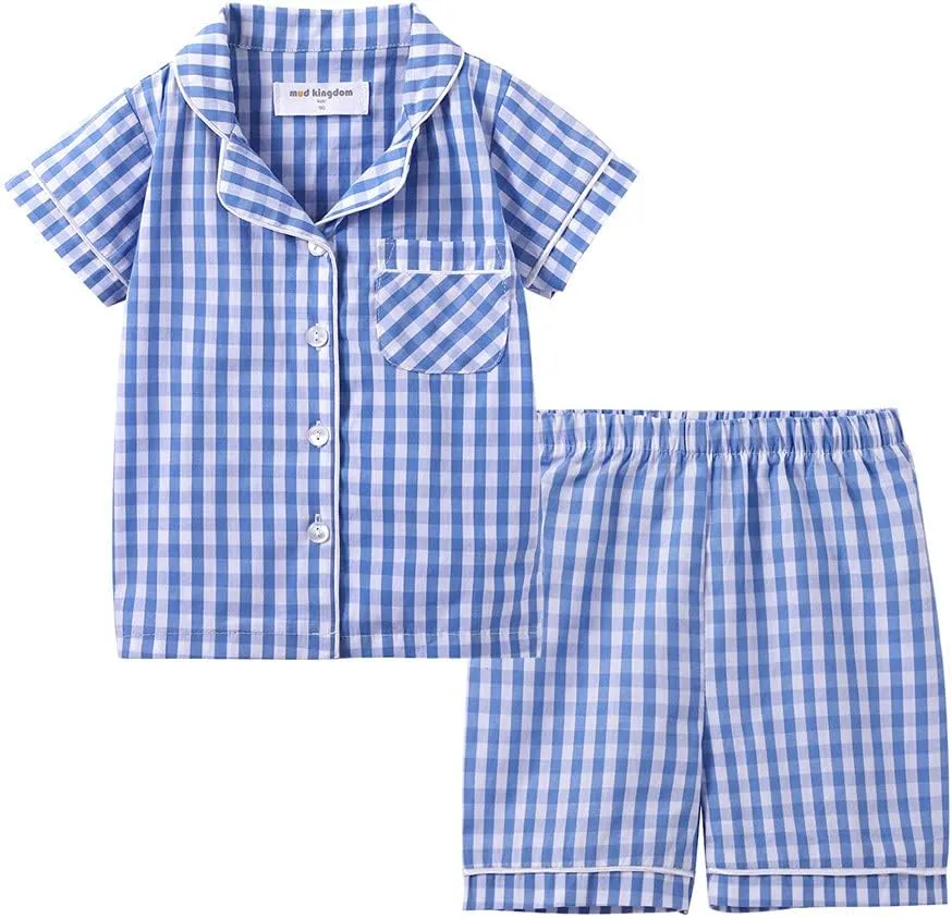 Mud Kingdom Girls Boys Summer Pajama Set Plaid Cute Peter Pan Collar