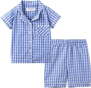 Mud Kingdom Girls Boys Summer Pajama Set Plaid Cute Peter Pan Collar