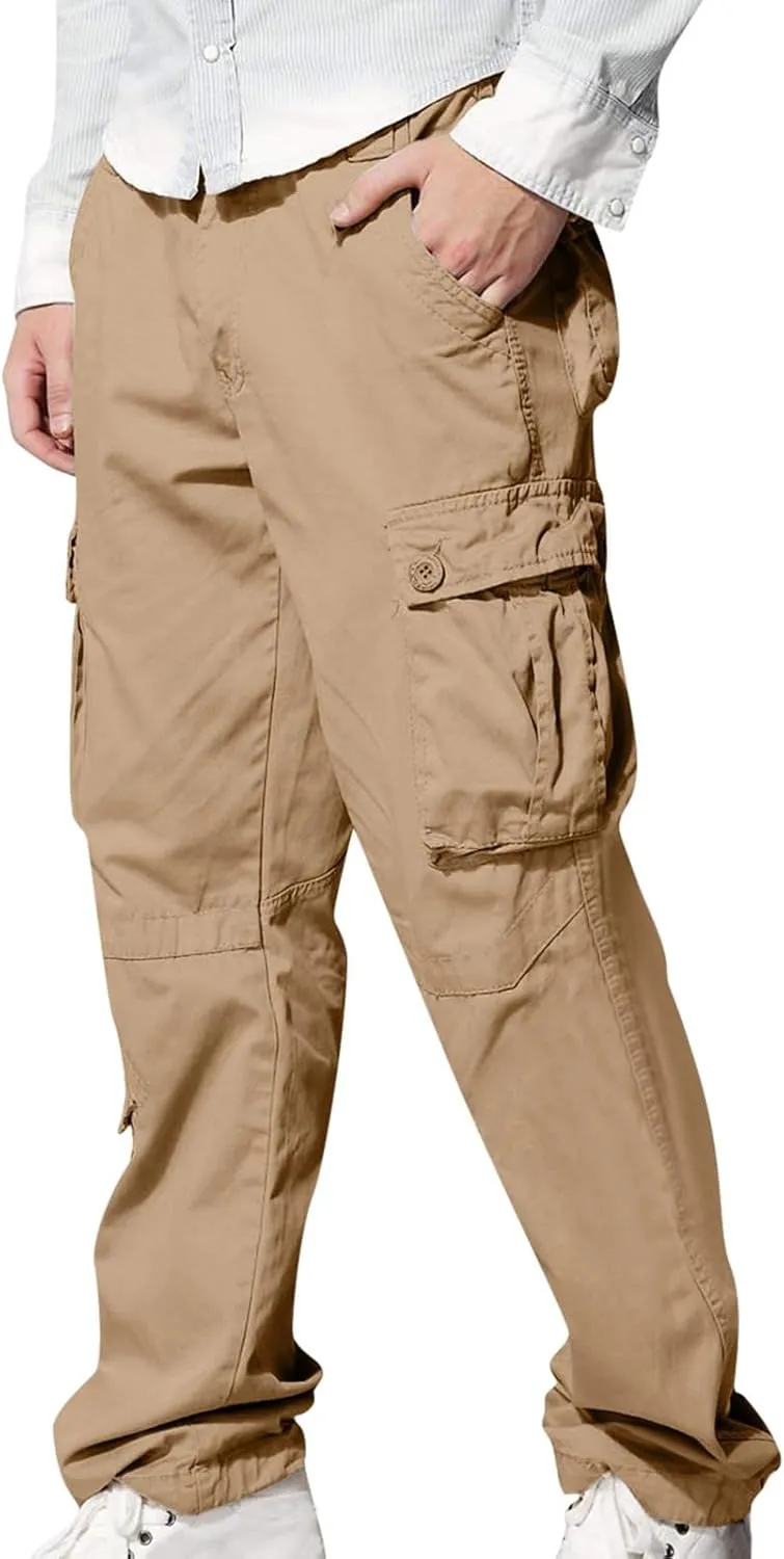Muscularfit Men Cargo Pants Causal Cotton Multi Pockets Buckle Zipper Cargo Pants for Men Loose Athletic Straight Sweatpants