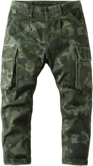 Muscularfit Mens Pants Casual Relaxed Fit Buckle Zipper Multi Pockets Camo Cargo Pants Big and Tall Camouflage Loose Trousers