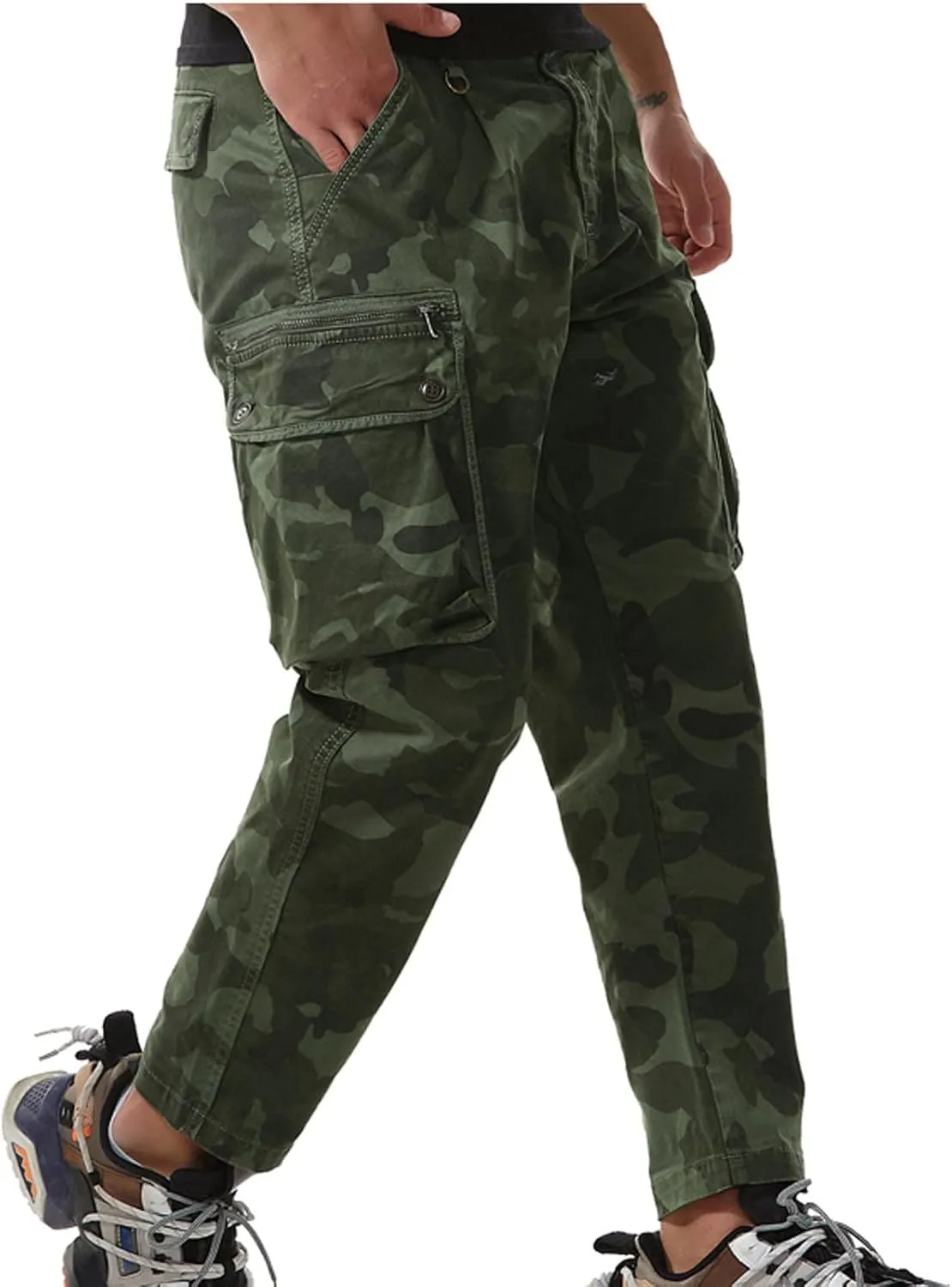 Muscularfit Mens Pants Casual Relaxed Fit Buckle Zipper Multi Pockets Camo Cargo Pants Big and Tall Camouflage Loose Trousers