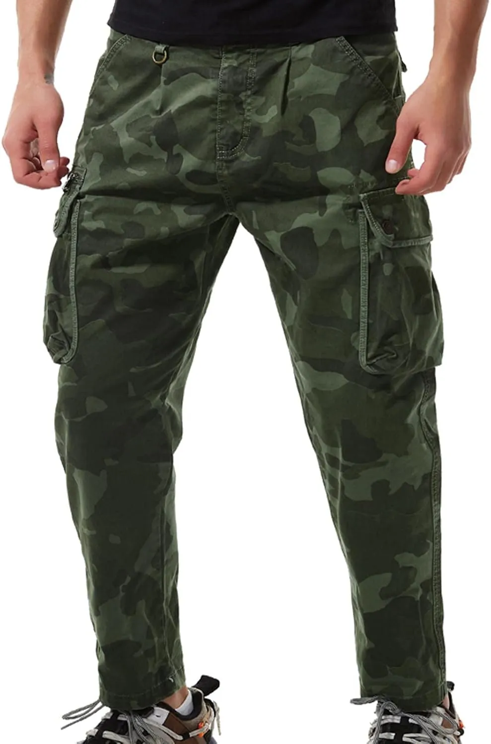 Muscularfit Mens Pants Casual Relaxed Fit Buckle Zipper Multi Pockets Camo Cargo Pants Big and Tall Camouflage Loose Trousers