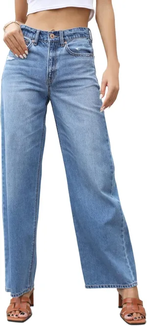 OFLUCK Women High Waisted Wide Leg Baggy Jeans,90s Boyfriend Jeans with Pockets