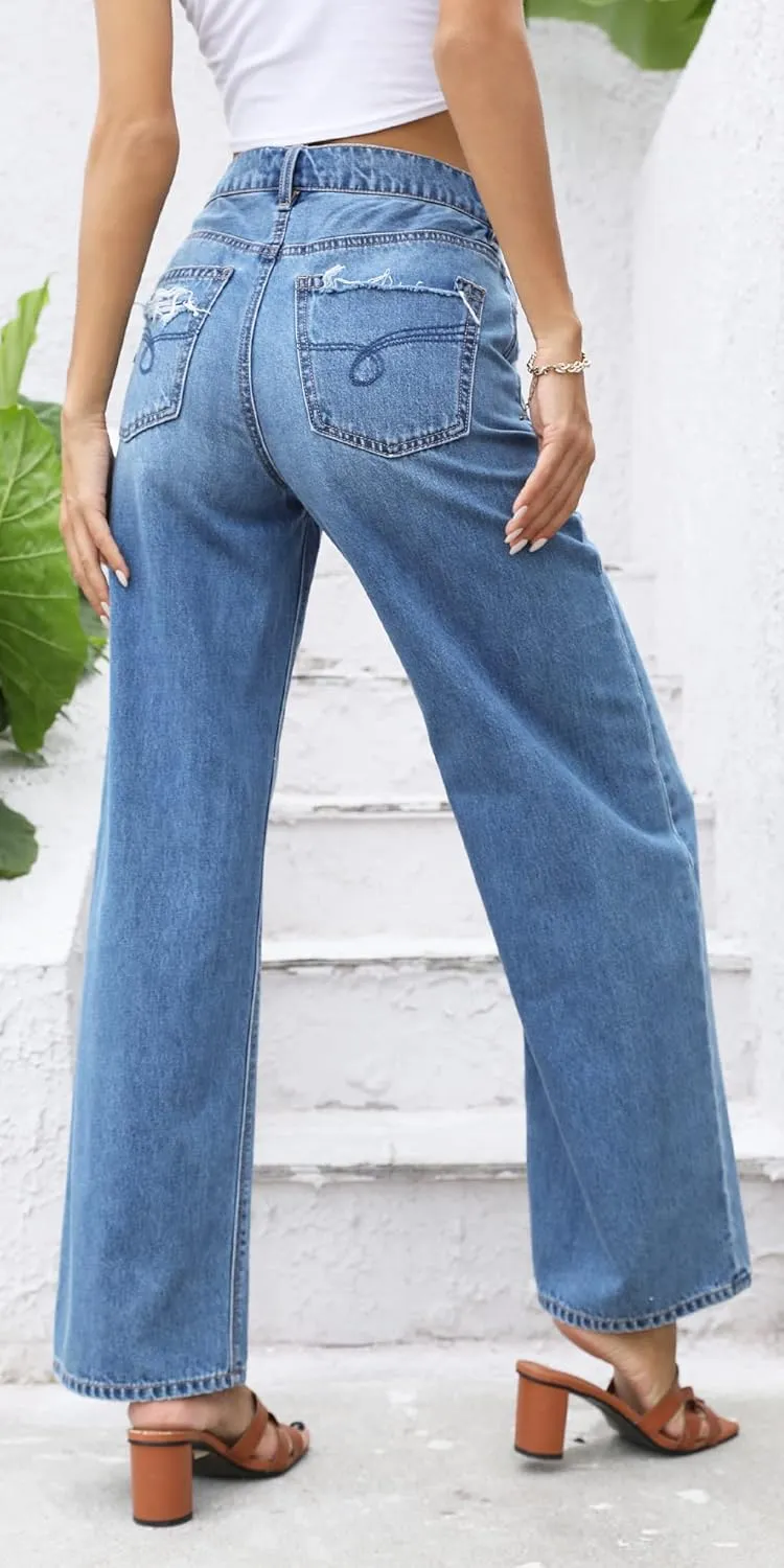 OFLUCK Women High Waisted Wide Leg Baggy Jeans,90s Boyfriend Jeans with Pockets