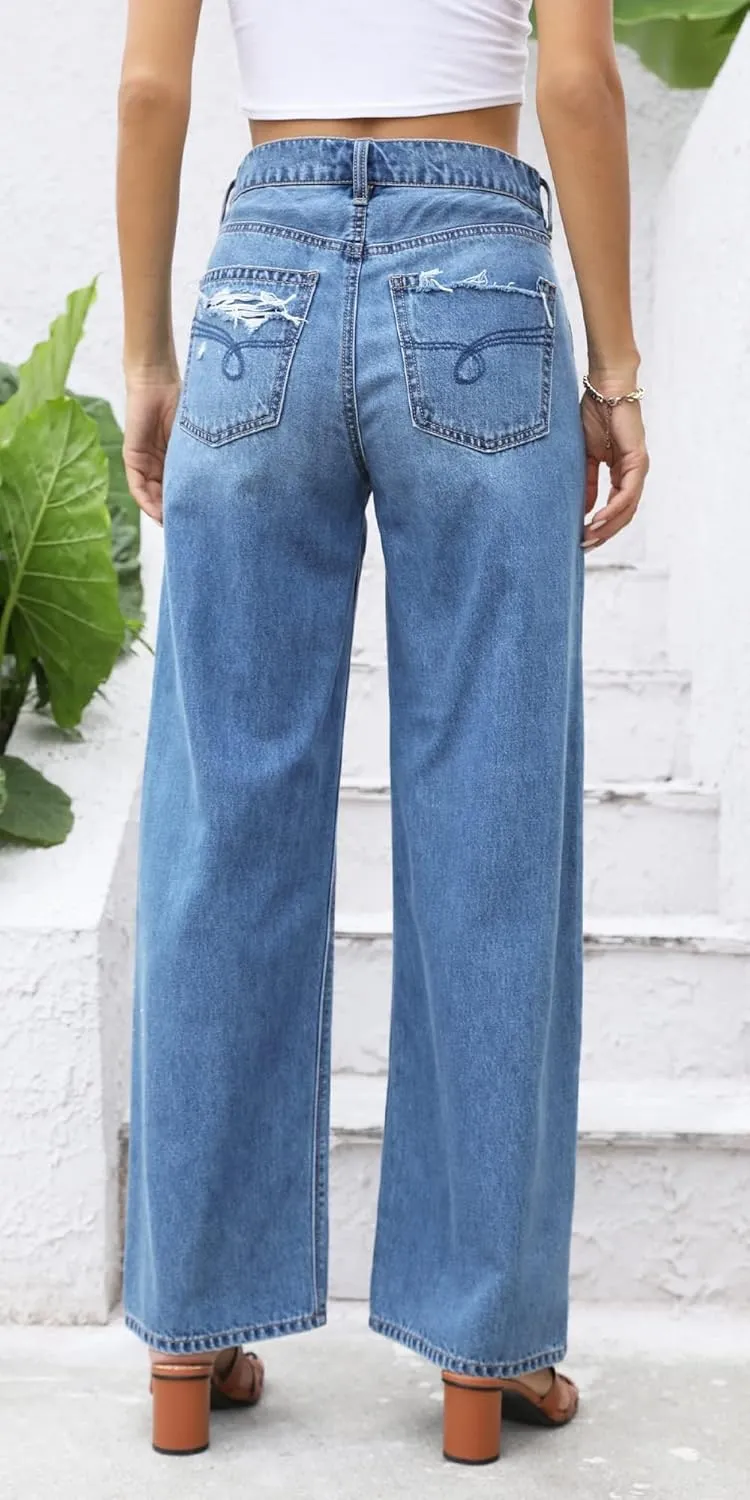 OFLUCK Women High Waisted Wide Leg Baggy Jeans,90s Boyfriend Jeans with Pockets