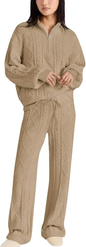 Paintcolors Womens 2 Piece Lounge Set Oversized Fall Knit Pajamas Long Sleeve Top Wide Leg Pants Pjs Sets Loungewear
