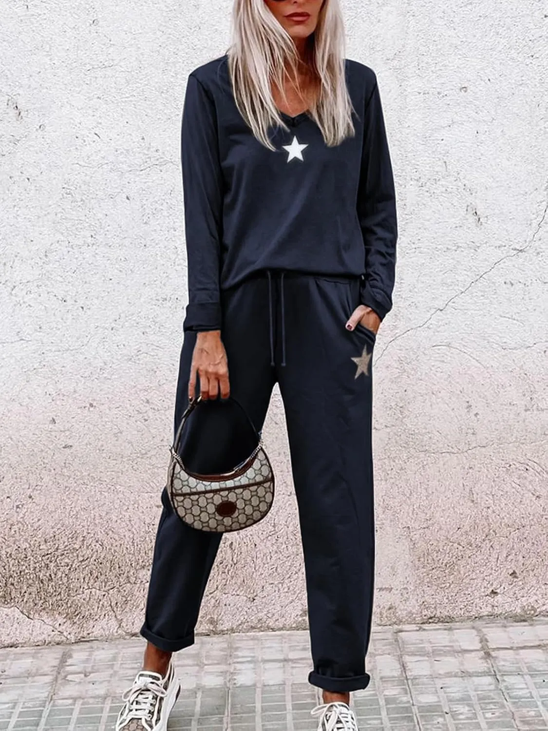 Paintcolors Women's 2 Piece Outfit Long Sleeve Crewneck Tracksuit Solid Color Sweatsuit Lounge Matching Set with Pockets