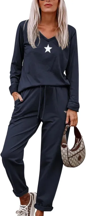 Paintcolors Women's 2 Piece Outfit Long Sleeve Crewneck Tracksuit Solid Color Sweatsuit Lounge Matching Set with Pockets