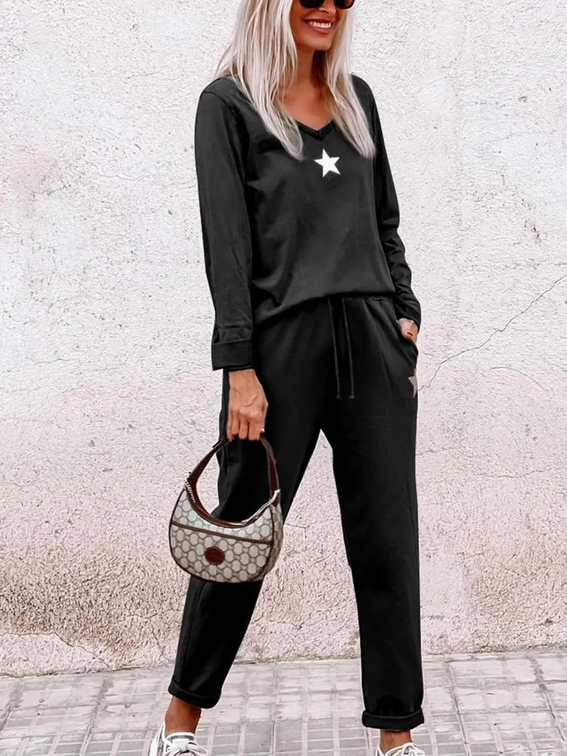 Paintcolors Women's 2 Piece Outfit Long Sleeve Crewneck Tracksuit Solid Color Sweatsuit Lounge Matching Set with Pockets