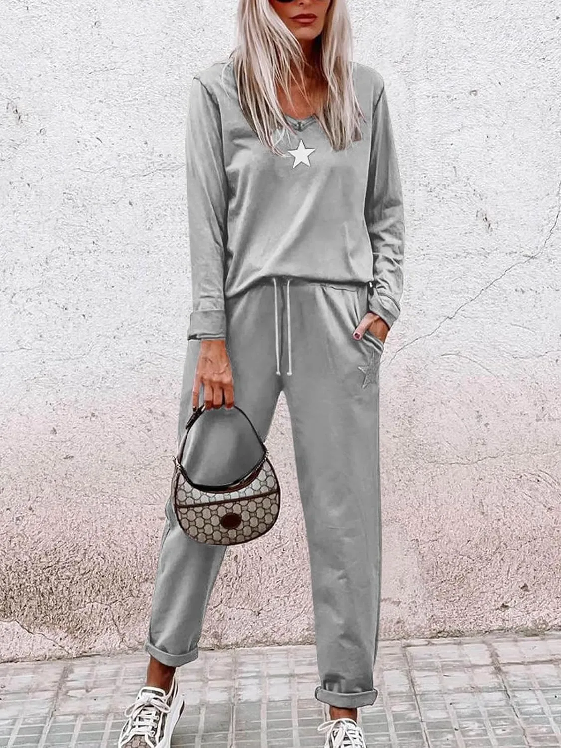 Paintcolors Women's 2 Piece Outfit Long Sleeve Crewneck Tracksuit Solid Color Sweatsuit Lounge Matching Set with Pockets