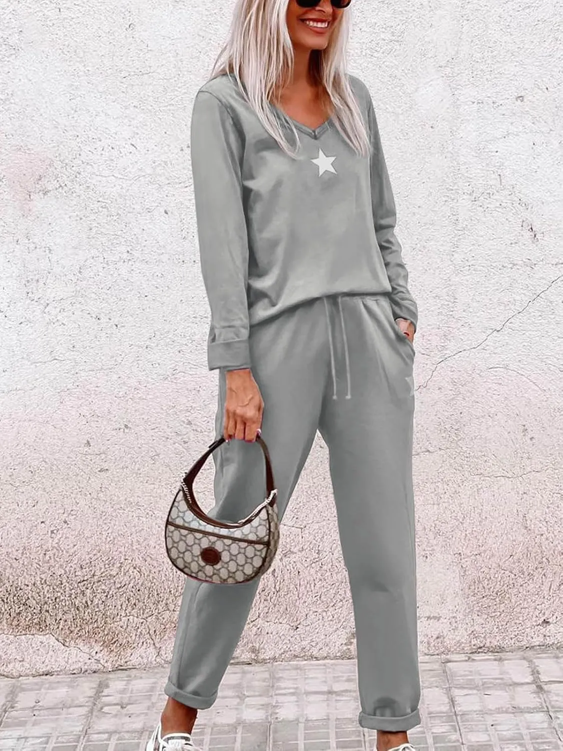 Paintcolors Women's 2 Piece Outfit Long Sleeve Crewneck Tracksuit Solid Color Sweatsuit Lounge Matching Set with Pockets