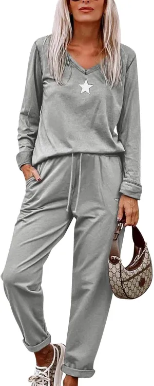 Paintcolors Women's 2 Piece Outfit Long Sleeve Crewneck Tracksuit Solid Color Sweatsuit Lounge Matching Set with Pockets