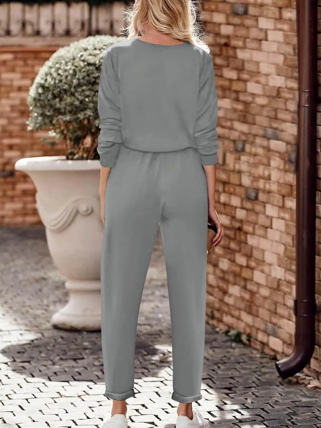 Paintcolors Women's 2 Piece Outfit Long Sleeve Crewneck Tracksuit Solid Color Sweatsuit Lounge Matching Set with Pockets