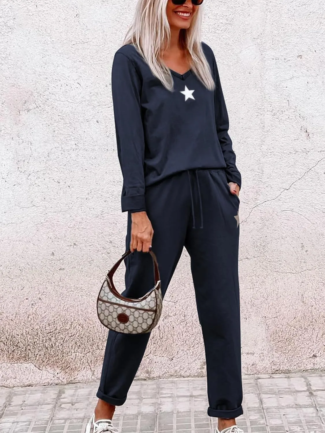 Paintcolors Women's 2 Piece Outfit Long Sleeve Crewneck Tracksuit Solid Color Sweatsuit Lounge Matching Set with Pockets