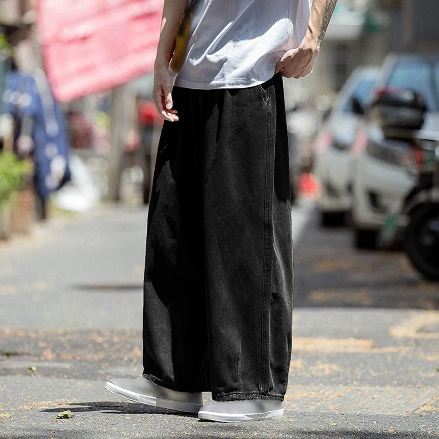 PGOJUNI Men's Baggy Jeans Retro Hip Hop Wide Leg Denim Pants Stretchy Loose fit Straight Leg Jeans Trousers 90s Streetwear