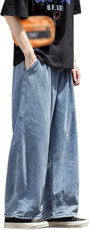 PGOJUNI Men's Baggy Jeans Retro Hip Hop Wide Leg Denim Pants Stretchy Loose fit Straight Leg Jeans Trousers 90s Streetwear