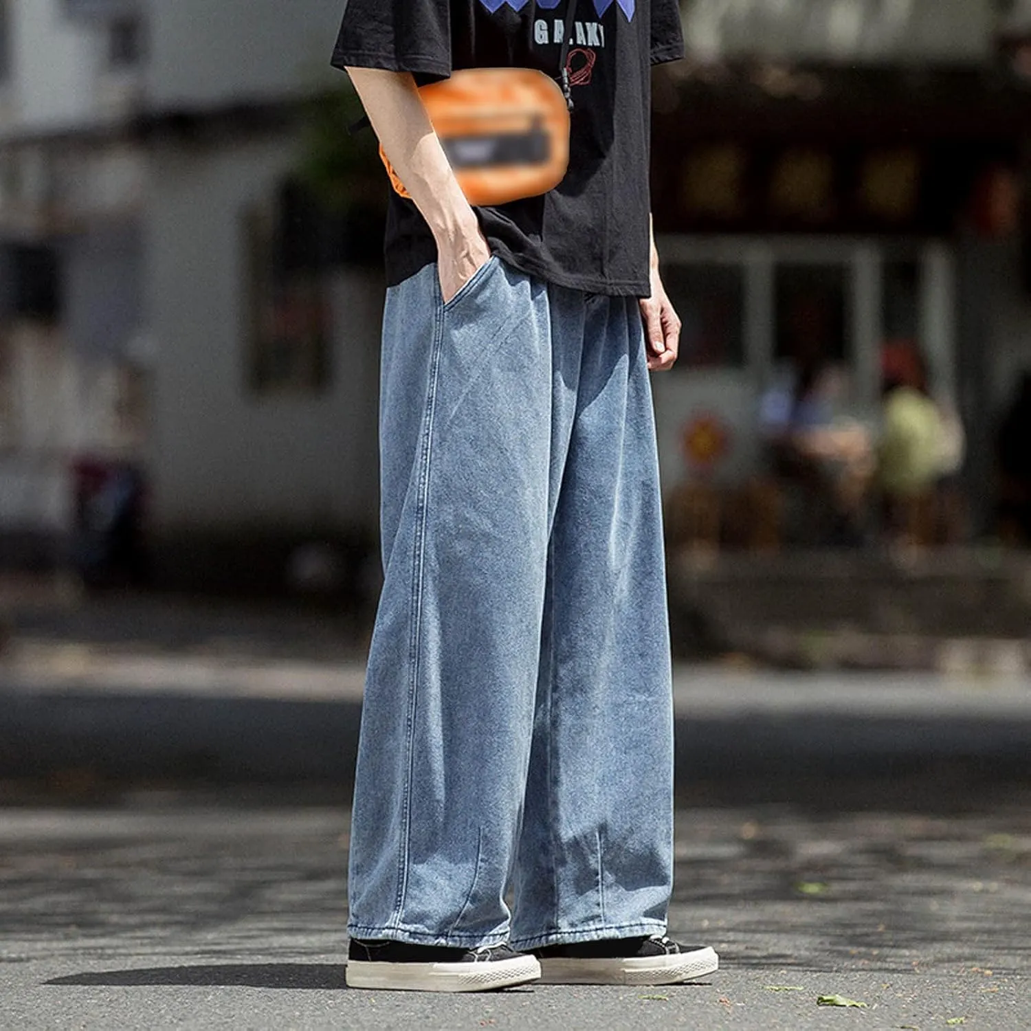 PGOJUNI Men's Baggy Jeans Retro Hip Hop Wide Leg Denim Pants Stretchy Loose fit Straight Leg Jeans Trousers 90s Streetwear