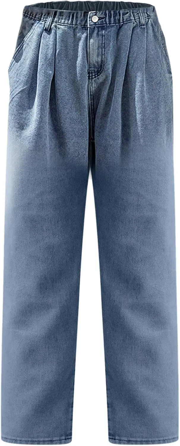 PGOJUNI Men's Baggy Jeans Retro Hip Hop Wide Leg Denim Pants Stretchy Loose fit Straight Leg Jeans Trousers 90s Streetwear