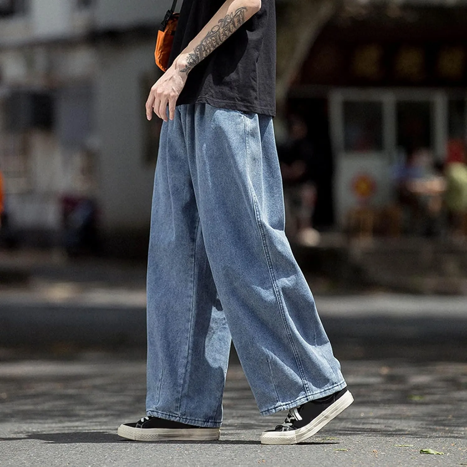 PGOJUNI Men's Baggy Jeans Retro Hip Hop Wide Leg Denim Pants Stretchy Loose fit Straight Leg Jeans Trousers 90s Streetwear