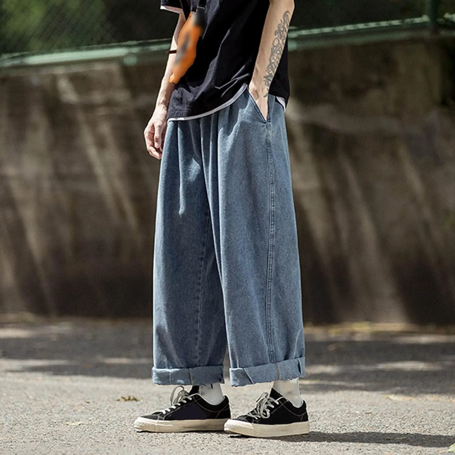 PGOJUNI Men's Baggy Jeans Retro Hip Hop Wide Leg Denim Pants Stretchy Loose fit Straight Leg Jeans Trousers 90s Streetwear
