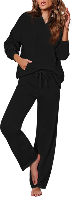 Pink Queen Sweater Set for Women Pullover Hoodie Matching Wide Leg Pants Loose Knitted Sweatsuit with Pocket