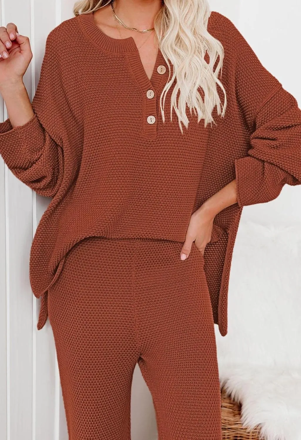 Pink Queen Women's 2 Piece Outfit Set Long Sleeve Button Pullover Sweater Top and Wide Leg Pants Knit Sweatsuit