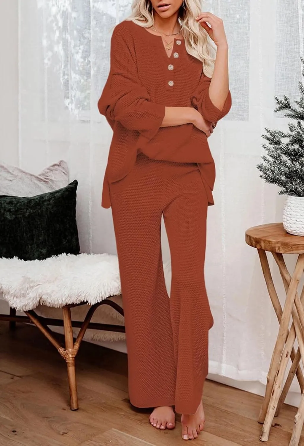 Pink Queen Women's 2 Piece Outfit Set Long Sleeve Button Pullover Sweater Top and Wide Leg Pants Knit Sweatsuit