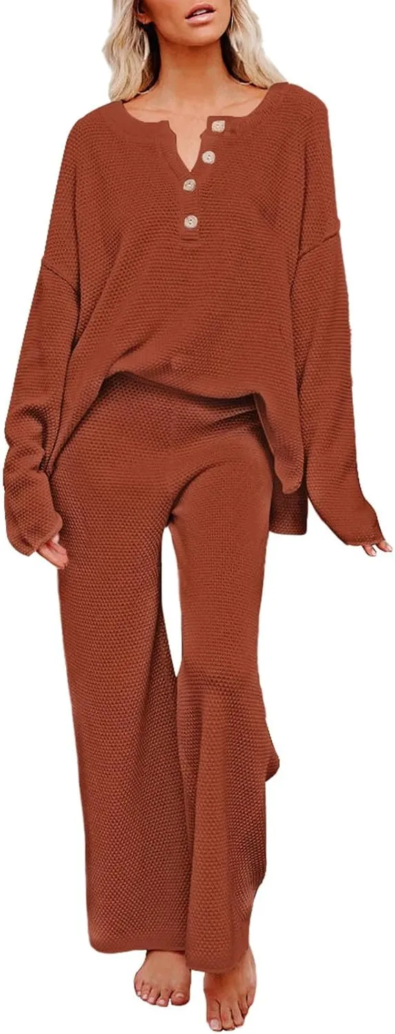 Pink Queen Women's 2 Piece Outfit Set Long Sleeve Button Pullover Sweater Top and Wide Leg Pants Knit Sweatsuit