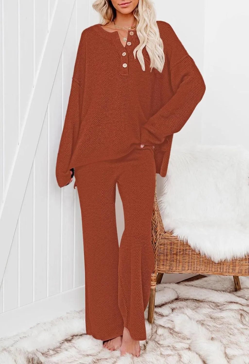 Pink Queen Women's 2 Piece Outfit Set Long Sleeve Button Pullover Sweater Top and Wide Leg Pants Knit Sweatsuit
