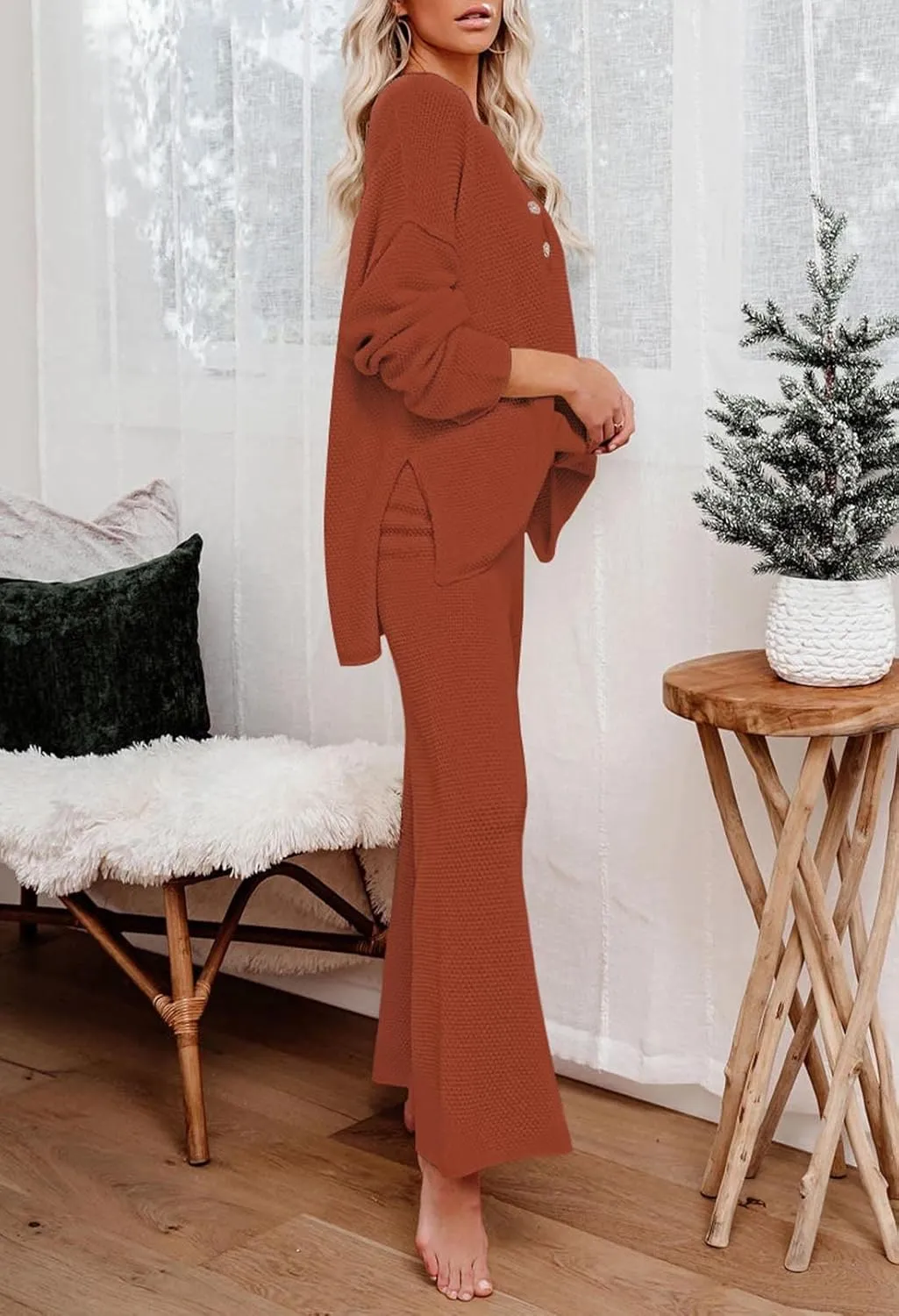 Pink Queen Women's 2 Piece Outfit Set Long Sleeve Button Pullover Sweater Top and Wide Leg Pants Knit Sweatsuit