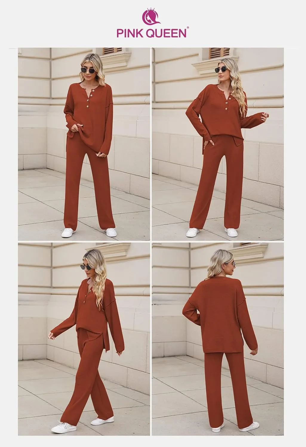 Pink Queen Women's 2 Piece Outfit Set Long Sleeve Button Pullover Sweater Top and Wide Leg Pants Knit Sweatsuit