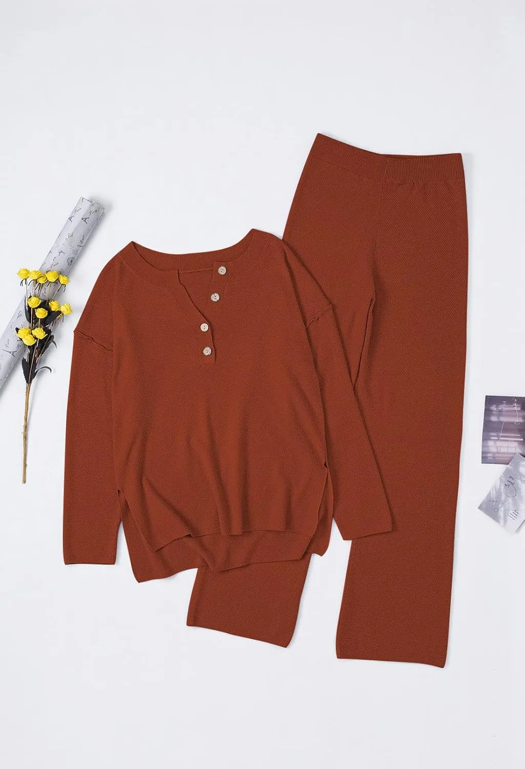 Pink Queen Women's 2 Piece Outfit Set Long Sleeve Button Pullover Sweater Top and Wide Leg Pants Knit Sweatsuit