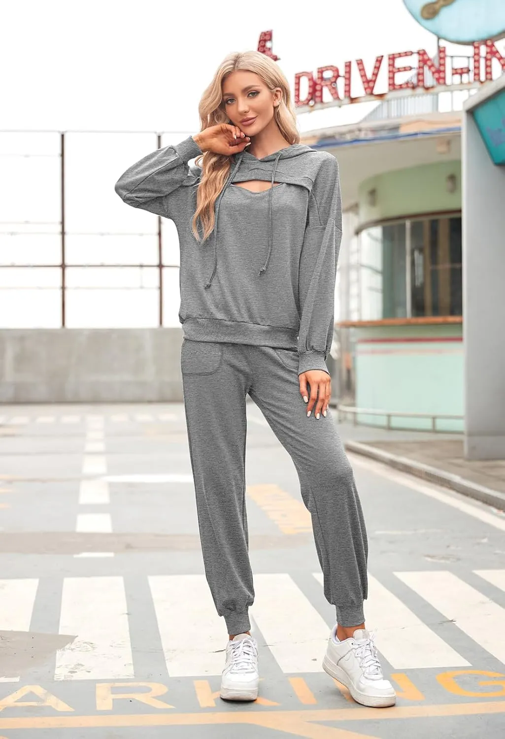 Pink Queen Womens 2 Piece Sweatsuit Outfits Long Sleeve Cutout Hoodies and Drawstring Pants Tracksuit Lounge Set with Pockets