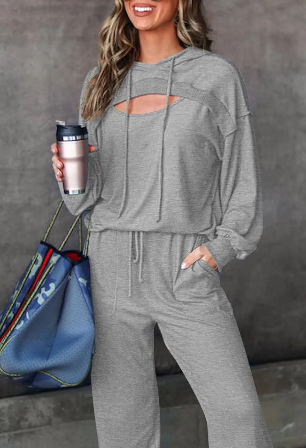 Pink Queen Womens 2 Piece Sweatsuit Outfits Long Sleeve Cutout Hoodies and Drawstring Pants Tracksuit Lounge Set with Pockets