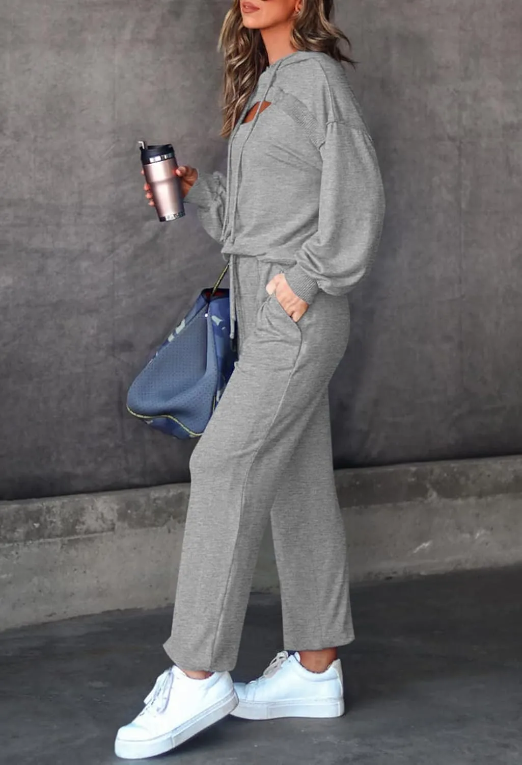 Pink Queen Womens 2 Piece Sweatsuit Outfits Long Sleeve Cutout Hoodies and Drawstring Pants Tracksuit Lounge Set with Pockets