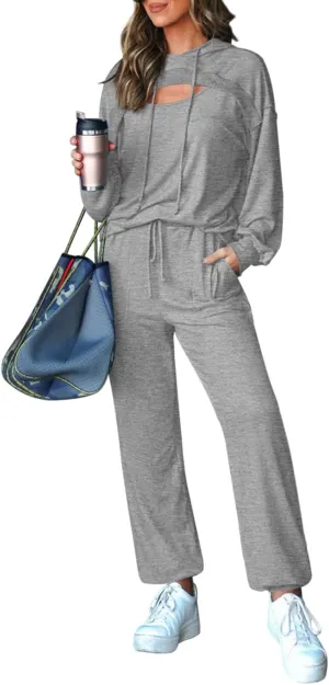 Pink Queen Womens 2 Piece Sweatsuit Outfits Long Sleeve Cutout Hoodies and Drawstring Pants Tracksuit Lounge Set with Pockets