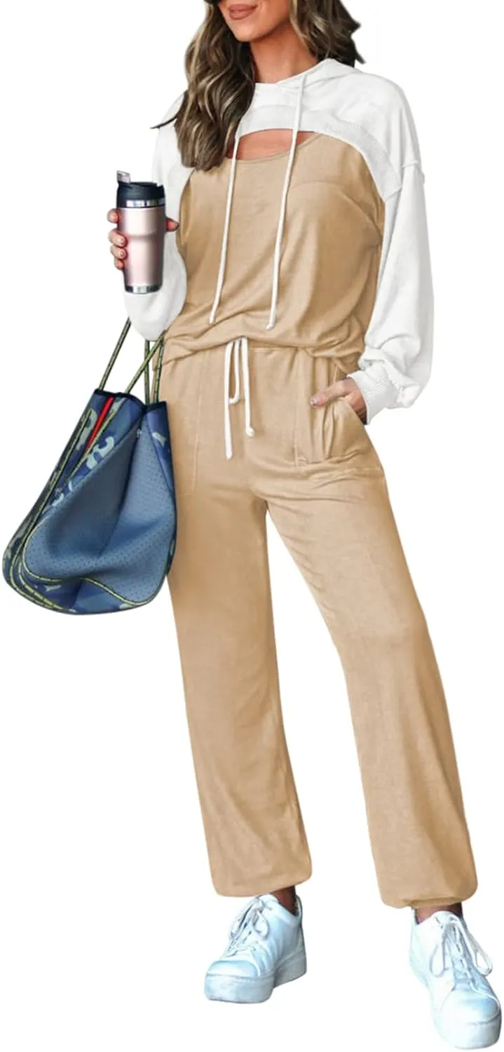 Pink Queen Womens 2 Piece Sweatsuit Outfits Long Sleeve Cutout Hoodies and Drawstring Pants Tracksuit Lounge Set with Pockets