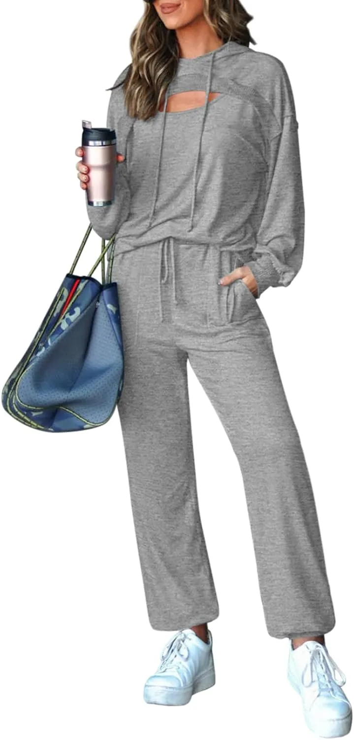 Pink Queen Womens 2 Piece Sweatsuit Outfits Long Sleeve Cutout Hoodies and Drawstring Pants Tracksuit Lounge Set with Pockets