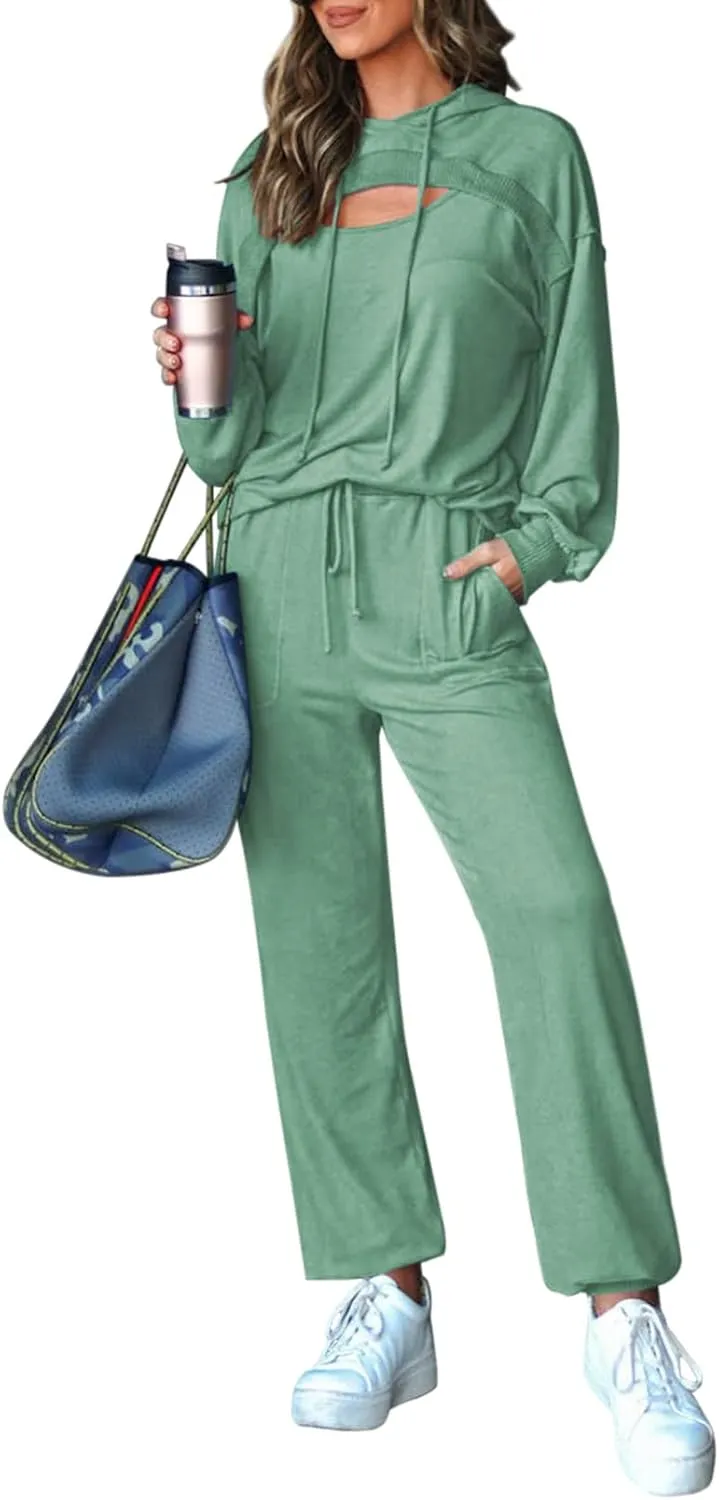 Pink Queen Womens 2 Piece Sweatsuit Outfits Long Sleeve Cutout Hoodies and Drawstring Pants Tracksuit Lounge Set with Pockets