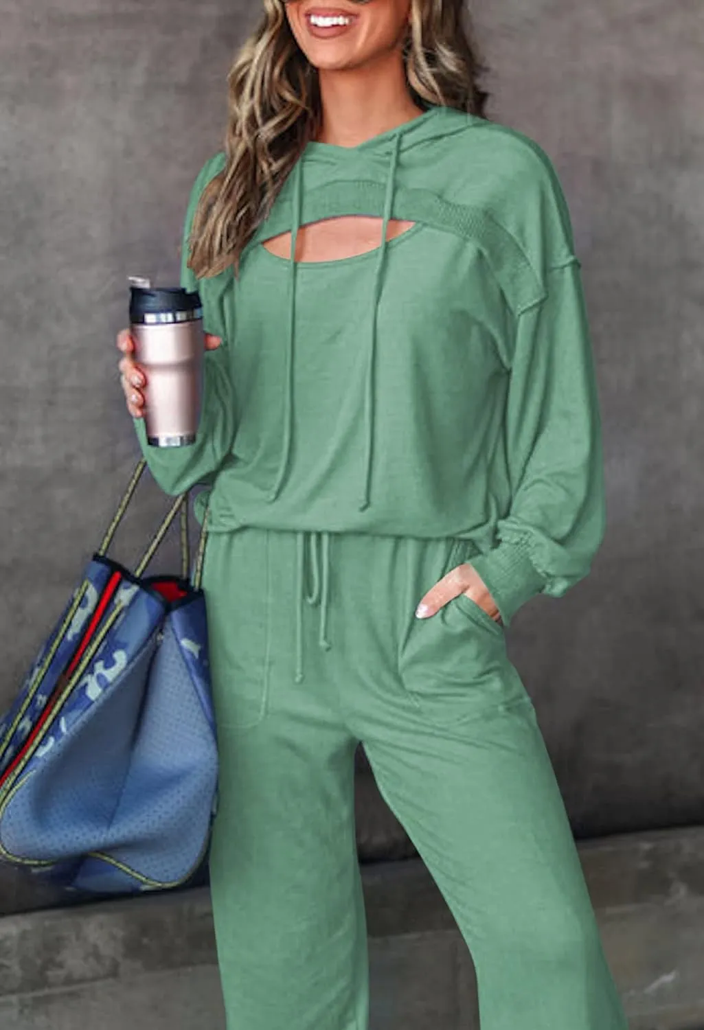 Pink Queen Womens 2 Piece Sweatsuit Outfits Long Sleeve Cutout Hoodies and Drawstring Pants Tracksuit Lounge Set with Pockets