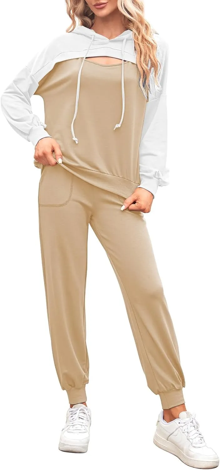 Pink Queen Womens 2 Piece Sweatsuit Outfits Long Sleeve Cutout Hoodies and Drawstring Pants Tracksuit Lounge Set with Pockets