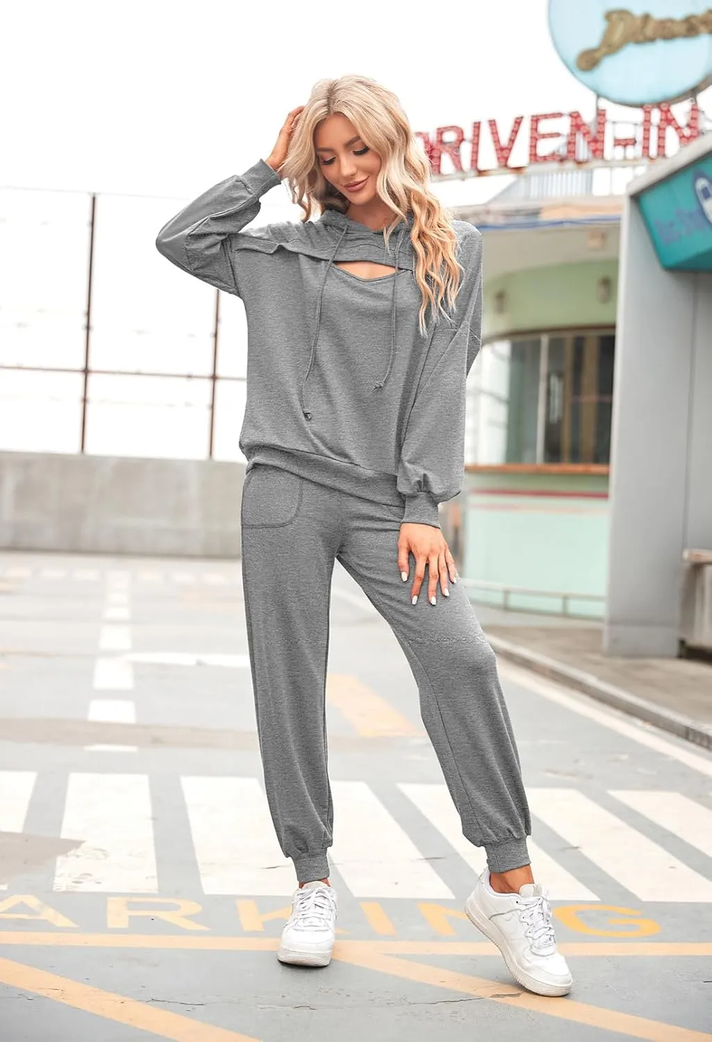 Pink Queen Womens 2 Piece Sweatsuit Outfits Long Sleeve Cutout Hoodies and Drawstring Pants Tracksuit Lounge Set with Pockets