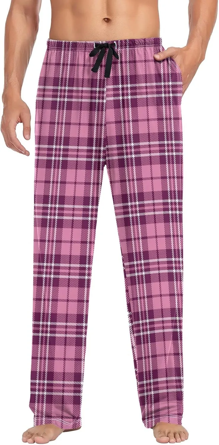 Plaid Decor Mens Pajama Pants Hot Pink Plaid Tartan Funny Pajama Bottoms for Men Lounge Pants S